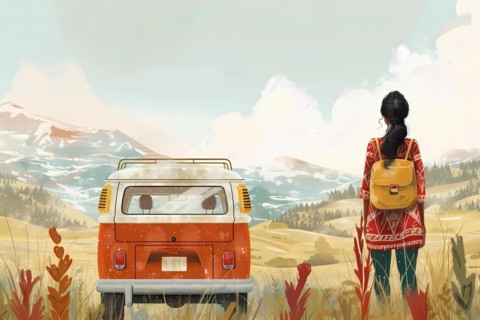 Serene scene of a woman looking at mountains, standing by a red camper van, illustration, AI