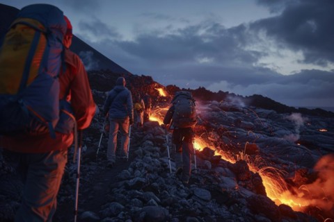 Tourists, hiking group, expedition, onlookers on the way to an active volcano, surrounded by hot,