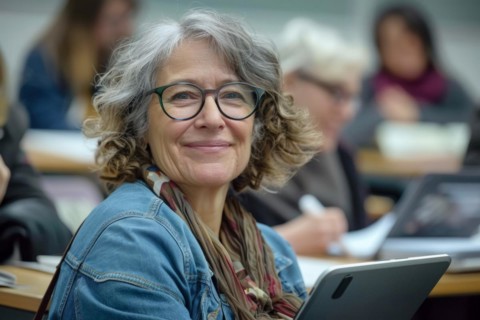 A woman of advanced age, senior citizen, sitting with a digital tablet in a course room, training