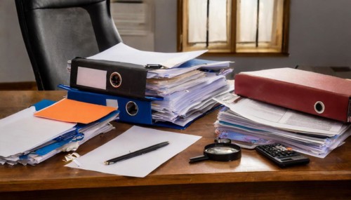 An organised desk with files and documents in an office with office chair, symbolism bureaucracy,
