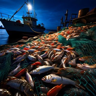 Commercial fishing net cascading onto the dock overflowing with caught shrimp fish and incidentally