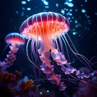 Deep sea jellyfish glowing with bioluminescence intricate patterns illuminating the dark sea, AI