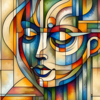 Colorful digital art piece resembling stained glass with a geometric abstract face, square aspect,