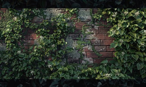 Ivy leaves crawl over a weathered brick wall, creating a natural tapestry AI generated