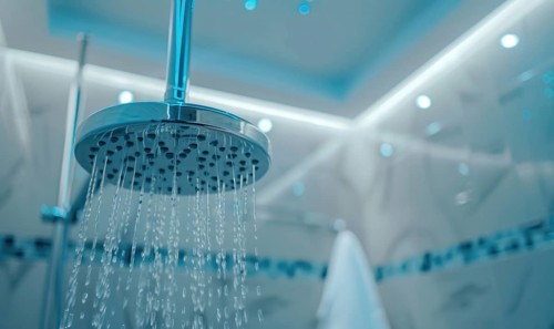 Refreshing stream of water droplets from a showerhead, emitting a blue tone AI generated