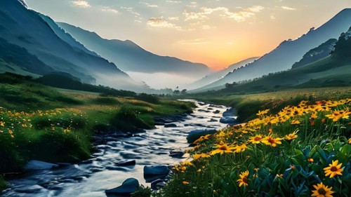 Sunrise illuminating a tranquil river serpentine path through a vibrant green valley, AI generated