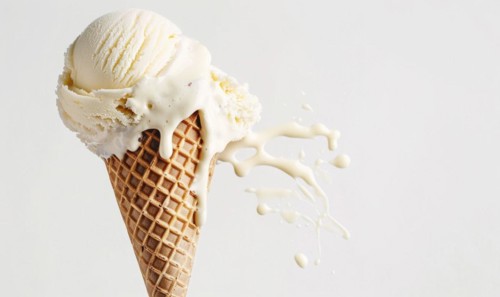 Melting ice cream cone on white background AI generated