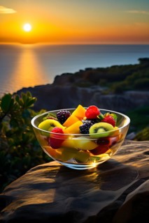 Glass bowl brimming with colorful fruit salad perched on a cliffs edge vast ocean, AI generated