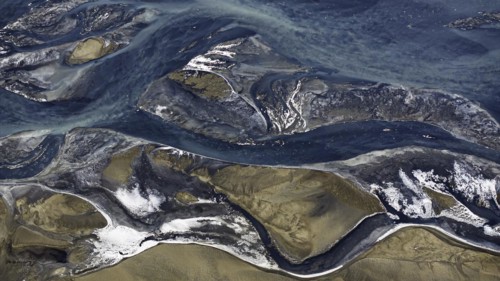 Overgrown river landscape, Eldhraun, near Kirkjubaejarklaustur, drone image, Sudurland, Iceland,