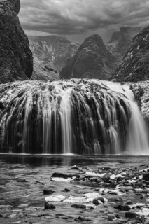 Stjornarfoss waterfall, near Kirkjubaejarklaustur, black and white photo, Sudurland, Iceland,