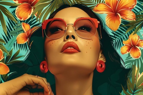 Fashion portrait of a woman with tropical flowers surrounding her and vibrant pink sunglasses,