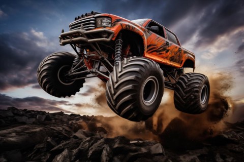 Monster truck driving and jumping outdoors amidst a cloud of dust. Thrill and adrenaline of an
