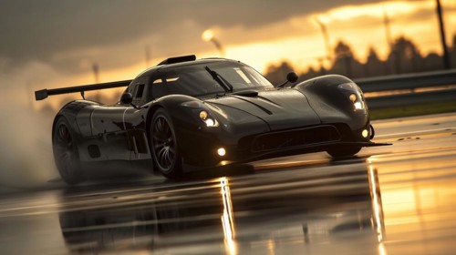 Black race car with motion blur on a wet racetrack at sunset with dramatic lighting, AI generated