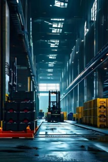 Loading bay at a seaport with forklifts and workers, AI generated