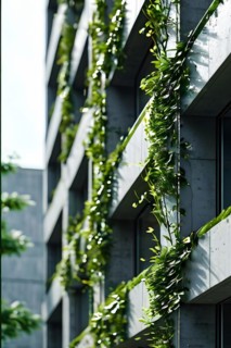 Building facade bio concrete seamlessly interlaced with living plants, AI generated