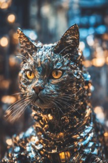 A tinsel-clad cat with yellow eyes poses with a blurred golden background, ray tracing 3d