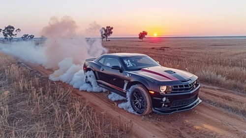 A black Camaro making a cloud of dust while driving through a field at sunset, action sports