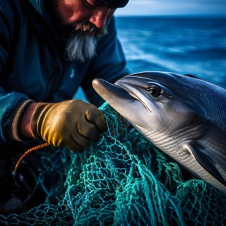 Fisherman's rough hands meticulously disentangling a young dolphin from a fisher net, AI generated,