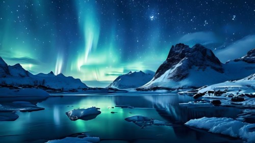 Northern lights reflecting on a serene fjords ice astral glow doubled in the glassy water, AI