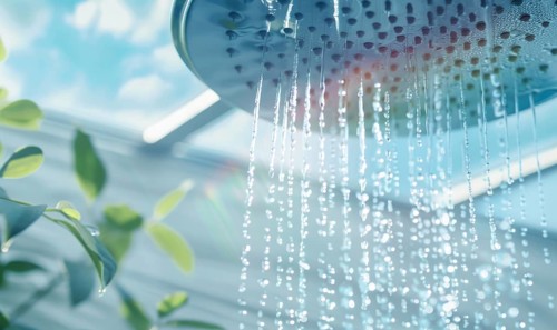Sunlit water flows from a showerhead with a hint of greenery in the background AI generated