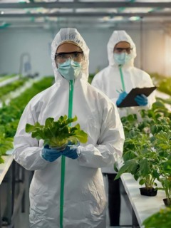 Biologists in protective suits grow vegetables in the lab, the concept of biotechnology, plant care