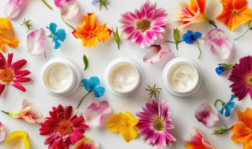 Three creme jar blank mockups nestled amidst delicate flower petals on a white background AI