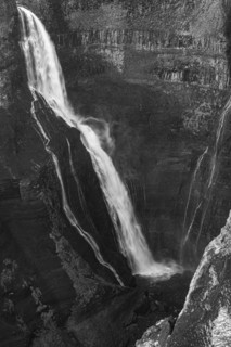 Foaming Halfoss waterfall, black and white photo, Sudurland, Iceland, Europe