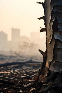 Tree barks texture cracked and dry juxtaposed with a faint city silhouette indicating climate