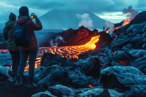 Tourists, onlookers photograph a spectacular volcanic landscape with liquid, partially cooled lava