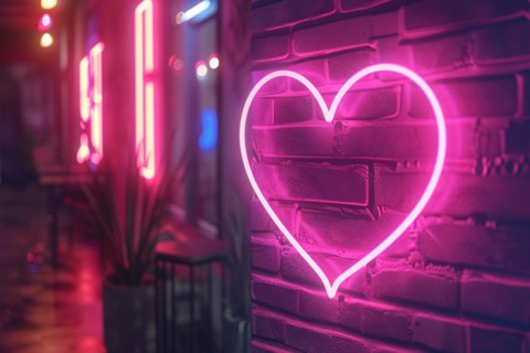 Pink heart shaped neon sign on wall. KI generiert, generiert, AI generated