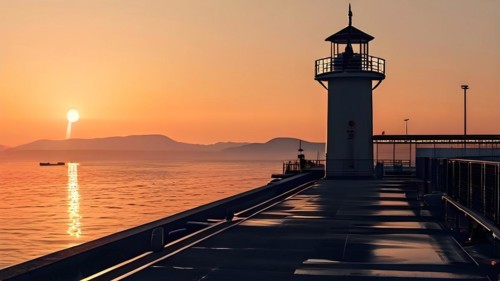 Seaports control tower at sunrise emphasizing its role in overseeing, AI generated