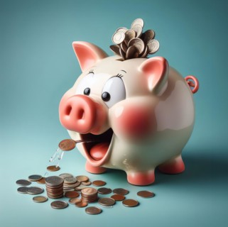 A piggy bank into which coins are inserted spits out coins. Symbol photo saving, saver, money,
