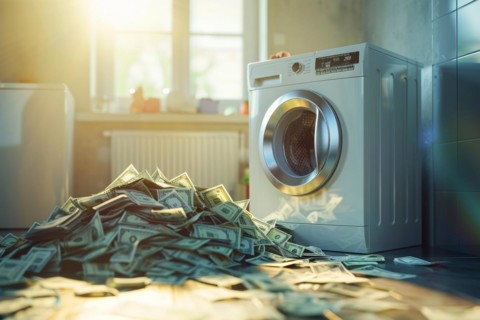 A mountain of banknotes lying in front of a washing machine, symbolising money laundering,