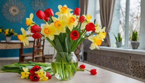 A large bouquet of yellow daffodils and red tulips in a vase stands on the table in the flat, AI