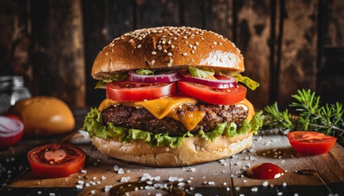 Food, hamburger with meat, tomato and sesame bun, AI generated, AI generated