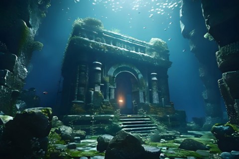Deep sea submersible bathed in artificial light navigates through murky waters, AI generated, deep