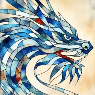 A blue abstract stained glass style artwork of a dragon, square aspect, AI generated