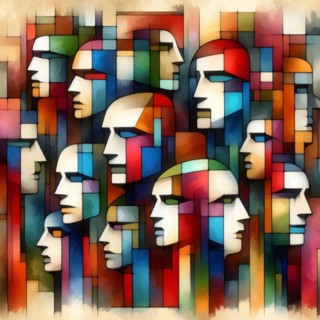 Colorful pattern of abstract geometric cubist faces, square aspect, AI generated
