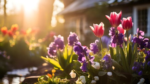 Traditional cottage garden with spring flowers tulips hyacinths pansies in warm morning light, AI
