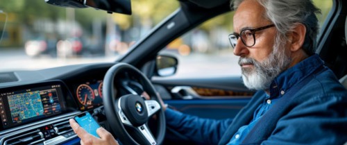 Man inside a luxury car interacting with big infotainment touchscreen dashboard and his smartphone,