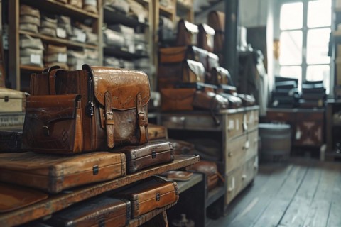 Assorted vintage leather bags and suitcases neatly arranged on shelves in a workshop, AI generated
