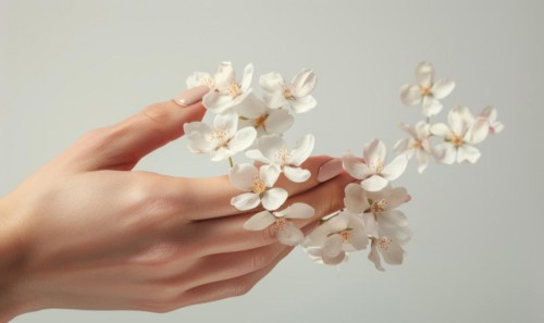 Close-up of a woman's hand with a neutral manicure, adorned with delicate flower petals AI