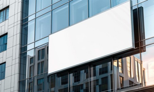 Blank screen banner mockup displayed on the modern building facade. Close Up view AI generated