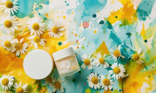 Cosmetic jar blank mockup placed on a serene watercolor chamomile background AI generated