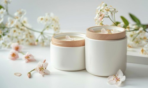 Two creme jar blank mockups adorned with delicate flower petals AI generated