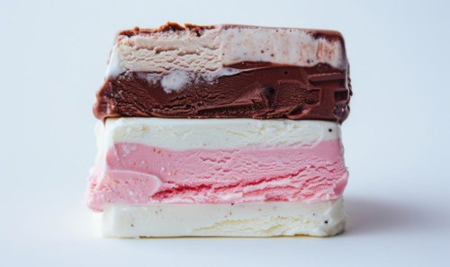 Three-color ice cream slices on white background AI generated