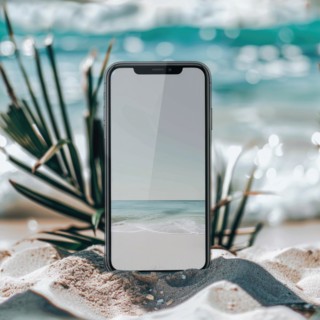 Smartphone mockup with a blank screen on a tranquil beach background, travel and tourism AI