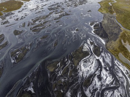 Overgrown river landscape, Eldhraun, near Kirkjubaejarklaustur, drone image, Sudurland, Iceland,