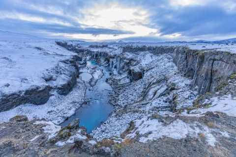 Hrauneyjarfoss waterfalls, onset of winter, Sudurland, Iceland, Europe