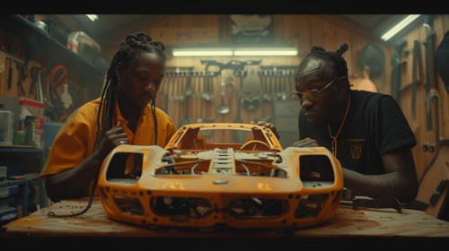 Two black young adults individuals focused on assembling a model car in a workshop filled with